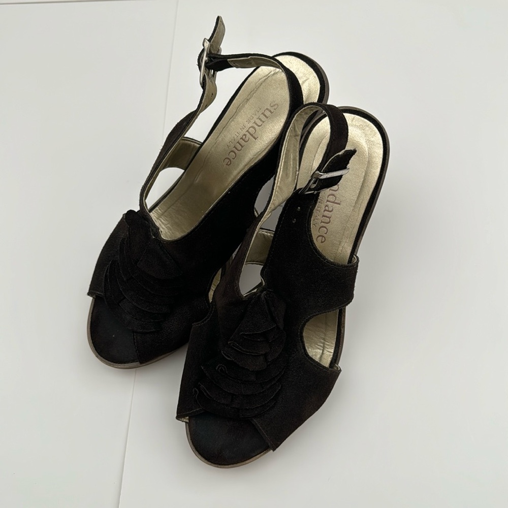 Sundance Womens Brown Ruffled Suede Block
Heel Peep Toe Slingback Shoes